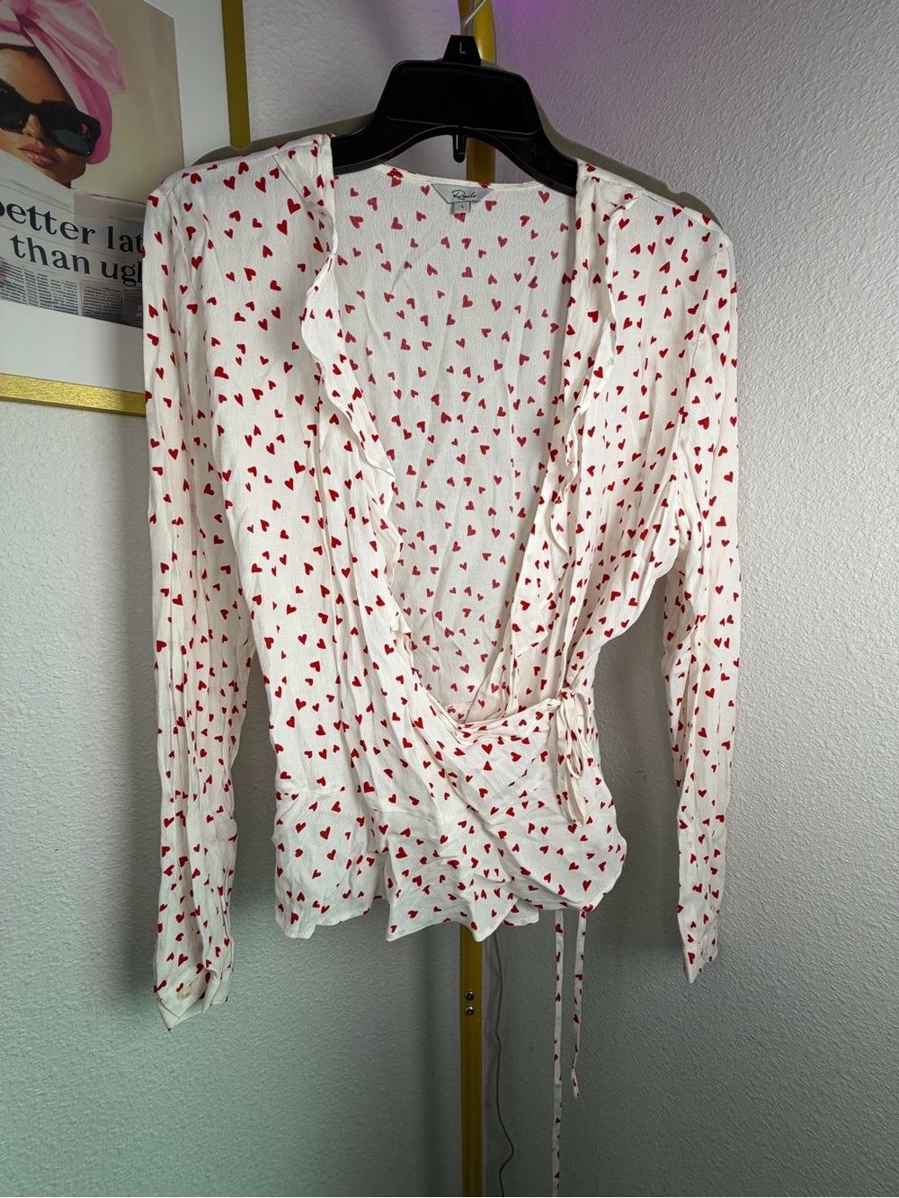Rails White Wrap Blouse with Red Heart Print Simone Wrap Blouse Size Large
